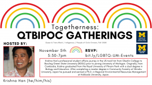 November's Togetherness: QTBIPOC Gatherings event will be held Thursday the 5th from 5:30 to 7:00 PM and will be hosted by Krishna Han, who is pictured in the advertisement. Krishna is a brown-skinned Asian man with side-parted short black hair smiling widely and looking at something off-camera. He is wearing a white collared shirt with pink flower designs.