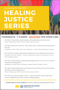 Healing justice poster with dates and workshop titles