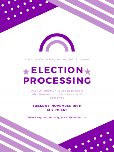 The Spectrum Center Programming Board presents this LGBTQ+ community space to share election reactions & take care of ourselves. This event will be hosted Tuesday, November 10th starting at 7 PM. The design of the flyer is based on the American flag, but in a purple color scheme. There is a purple rainbow at the top of the text which is centered on the page.