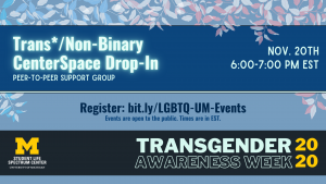 [ID: There are blue, white, and pink leaves across the top, left, and right to the image. In the middle, one can read Trans*/Non-Binary CenterSpace Drop-In: Peer-to-peer support group." taking place on Nov. 20th at 6:00 pm EST. At the bottom of the image are the Spectrum Center logo and Transgender Awareness Week 2020 written out.]