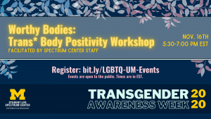 [ID: There are leaves along the top of the picture in blue, white, and pink, representing the trans flag colors. In the middle, there is the title of the workshop "Worthy Bodies: Trans Body Positivity Workshop" on Nov. 16th, 5:30-7:00 pm (all in yellow font), followed by the registration link in pink font. This event is open to the public and times are in EST. At the bottom, there's the Spectrum Center logo and Transgender Awareness Week 2020. All on a dark blue background.]