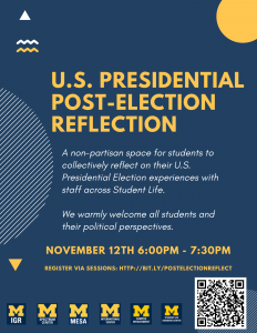 a dark blue background with student life logos and text for post-election reflection details