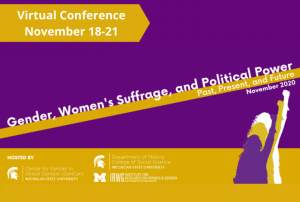 purple and yellow graphic of woman with fist in the air, conference title and dates