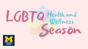 The LGBTQ Health & Wellness Season and Spectrum Center M-Block logos against a dotted pink background.