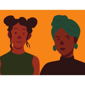 Square illustration of two Black people in front of an orange square. The individual on the left is smiling, with raised eyebrows and hair in 2 buns; they are wearing a dark green sleeveless top. The individual on the right looks pensive, wearing a lighter green headwrap with matching earrings; they are wearing a black turtleneck.