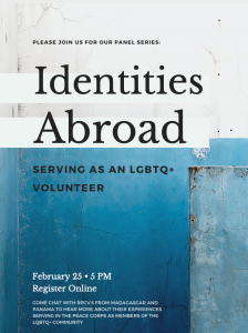 Identities Abroad: Serving as an LGBTQ+ Volunteer: blue and white flyer Identities Abroad: Serving as an LGBTQ+ Volunteer: blue and white flyer