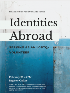 Identities Abroad: Serving as an LGBTQ+ Volunteer: blue and white flyer