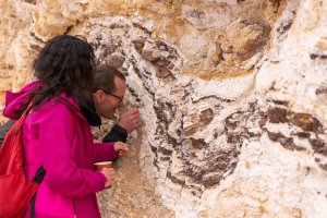 Professor and student examine rock face.