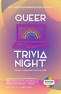 The Spectrum Center Programming Board presents Queer Trivia Night. All information contained in event description.