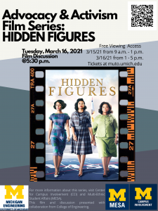 Hidden Figures screening and film discussion on 3/16/21. Register for access!