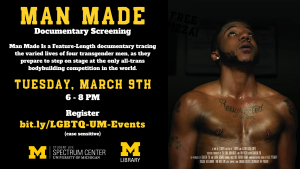 Event information beside a cropped version of the documentary poster, featuring one of the contestants, a Black trans masculine person with top surgery scars and chest tattoos, shirtless and looking up off of the image.