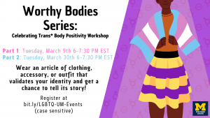 Event information for both Part 1 and Part 2 of Worthy Bodies. Next to the text is an illustration of an individual from the neck down holding a transgender flag draped over their shoulders and wearing a skirt in the nonbinary flag colors. A spotlight shines down on them.
