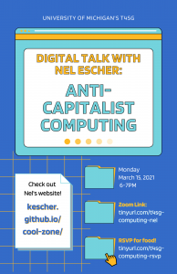 The image is the poster for the event which includes the date: Monday, March 15th at 6 PM, the form to rsvp and to ask questions http://tinyurl.com/t4sg-computing-rsvp. the zoom link can be found at: http://tinyurl.com/t4sg-computing-nel