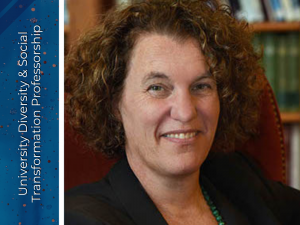 Headshot of Susan Dynarski with the words "University Diversity & Social Transformation Professorship"