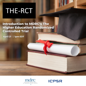 Image of graduation cap on top of stacked books behind announcement of THE-RTC webinar