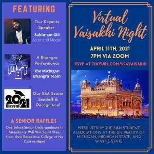 This image includes a description of the various components of the Vaisakhi night, including the speaker, Senior send-off, and performance by Michigan Bhangra Team