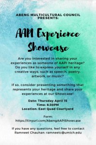 Interested in sharing your AAPI experience in artistic/ creative medium? Complete form https://tinyurl.com/AbengAAPIShowcase
