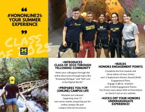 Images of Honors Community at indoor rock climbing facility and of a woman crossing a bridge wearing a Block M hat. Brochure language mirrors event text.