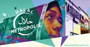 A mural on the side of Sheeba restaurant shows a woman wearing hijab, with the logo for Halal Metropolis superimposed on the image.