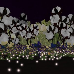 Computer-generated image shows a flower garden full of glowing spheres