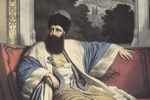 Detail from "The Prince of Moldavia, Michael Soutzos." Colored lithograph by Louis Dupré, 1825.