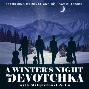 DeVotchKa Christmas graphic with music and trees.