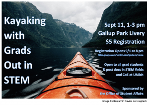 An orange kayak in dark water approaching dark mountains with text about the event, given in description as well.