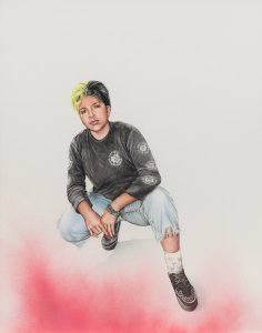 A colored pencil drawing of a person in a black sweatshirt and hat, squatting low over a pink background.