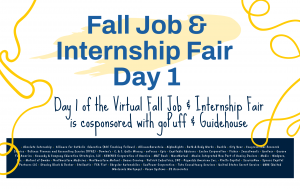 Event flyer for Day 1 of the Virtual Job & Internship Fair that lists cosponsors and other organizations attending