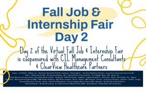 Event flyer for Day 2 of the Virtual Job & Internship Fair that lists cosponsors and other organizations attending