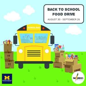 Illustration of school bus with donated food