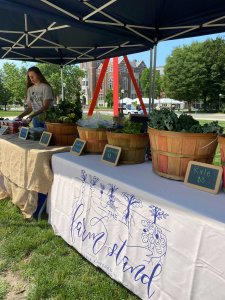 Woman standing behind farm stand