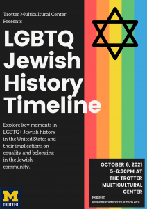 On the left side, title of event in white text with the program details included below on a black background. On the right side, horizontal stripes of red, orange, yellow, green, and blue with a black star at the top.