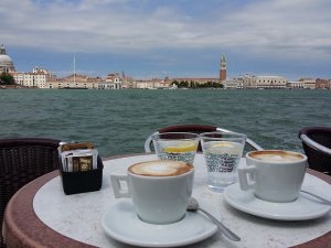 An Italian cafe table set with coffee