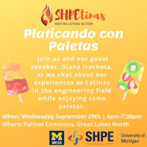 SHPEtinas logo above the event name and description, two paletas, as well as SHPE and MESA's logos.