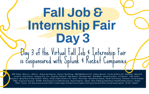 Event flyer for Day 3 of the Virtual Job & Internship Fair that lists cosponsors and other organizations attending
