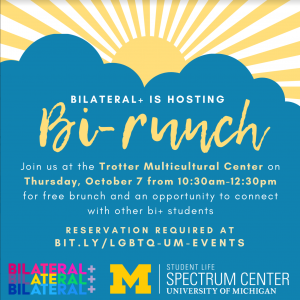 Bilateral+ is hosting Bi-runch. Event details and summary above the Bilateral+ and Spectrum Center logos. The text is white and yellow against a blue background, behind which is an illustration of a rising sun.