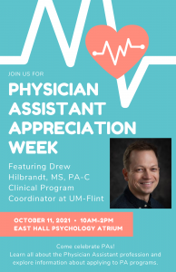 Flyer for Physician Assistant Appreciation Week with session information, day and time, as well a picture of speaker Drew Hilbrandt