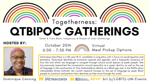 vent and host information as provided in event page text. In the lower left-hand corner is a picture of Dominique, who has pink hair and is wearing glasses, hoop earrings, a necklace, and a purple plaid shirt. Dominique is smiling at the camera.