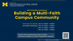 Event title in yellow on a blue background. Event dates beneath the title with "virtual keynote will be livestreamed and open to the public. Workshops are available to students (registration required)."
