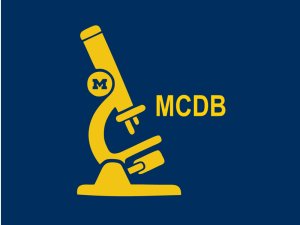 Yellow MCDB initials and cartoon microscope on blue background