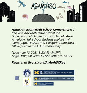 Light green background with header: Asian American High School Conference logo, "will.i.am" with lettering "ASAM HSC" in vines. Cityscape with creatures floating around. Right most building has "NOW IN COLOR" written down side.