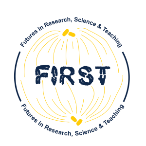 FIRST Logo. The letters of "FIRST" are made up of chromosomes tethered to spindles during mitosis.