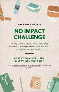 A flyer for the F2021 No Impact Challenge.