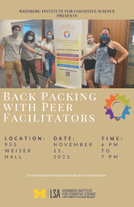 CogSci backpacking flyer with photo of peer facilitators