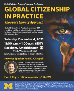 Global Citizenship in Practice flyer with stylized globe interposed with a human profile.