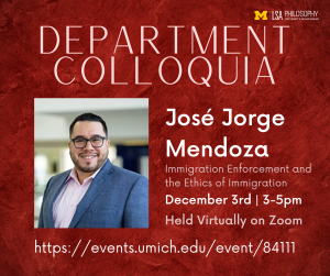 José Jorge Mendoza to deliver Department Colloquia on December 3rd at 3pm via Zoom