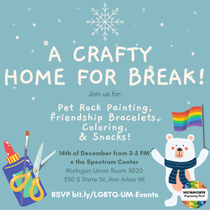 The event title and Programming Board logo against a snowy blue background. An illustration of a polar bear wearing a scarf and holding a pride flag is positioned in the lower right-hand corner and illustrations of scissors, glue, and a paintbrush are in the lower right.