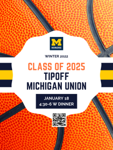 Basketball-themed poster, with ball image and maize/blue horizontal stripe.