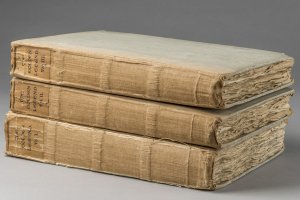 Holland linen bindings on the three volumes of "The Golden Legend," Special Collections Research Center, U-M Library.  Share